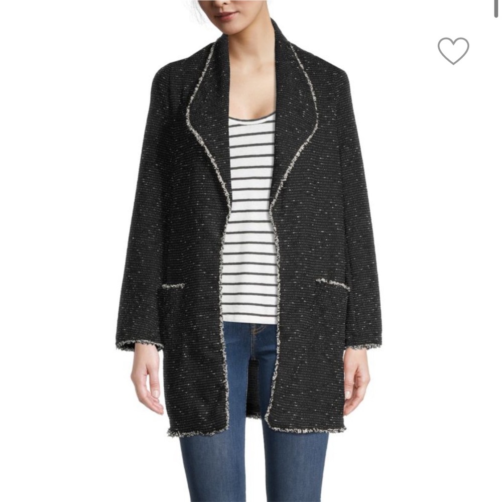 Max Studio women’s long sleeve open front tweed jacket with frayed edges medium
